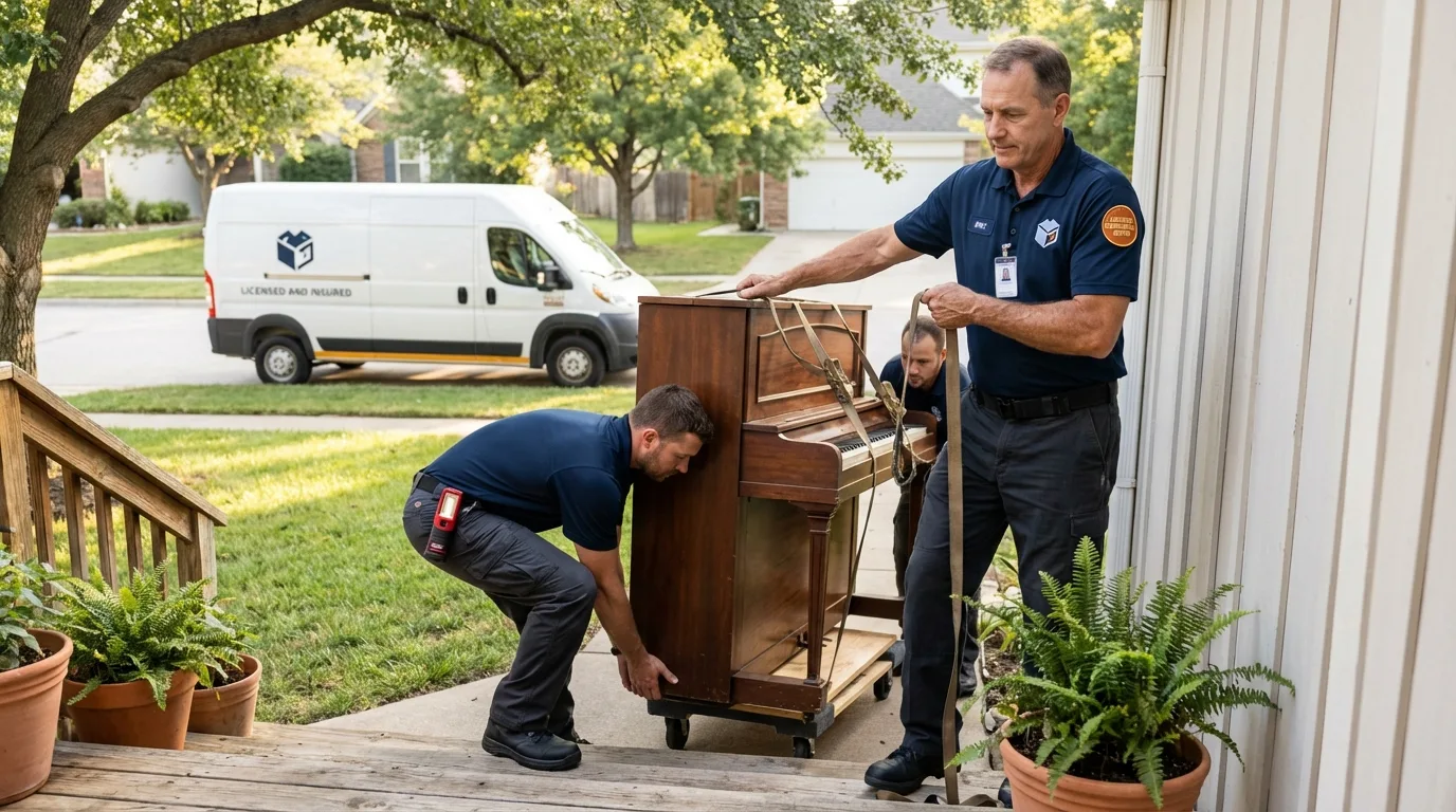 Licensed piano movers securing grand piano in Lead, SD