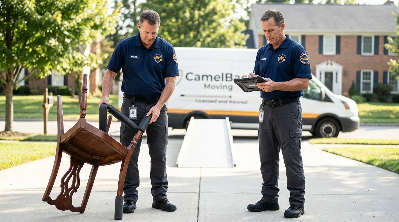 Movers inspecting furniture for damage prevention before loading in Lead, SD