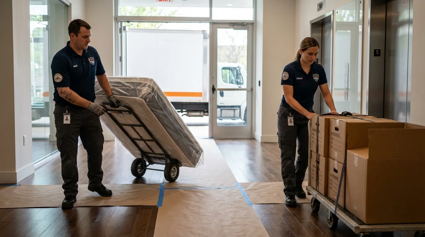 Professional apartment movers loading elevator in Lead, SD