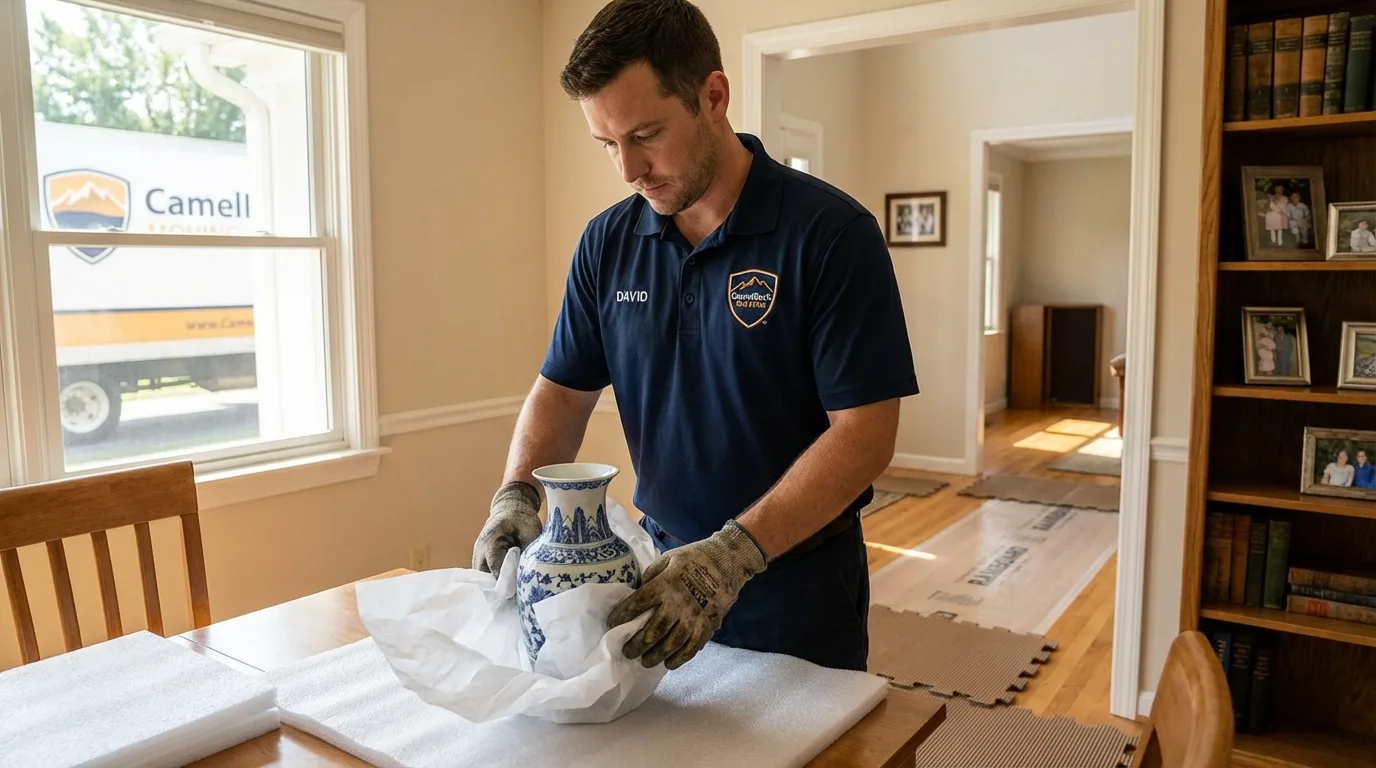 Professional crew carefully wrapping antique vase for senior downsizing move in Lead, SD