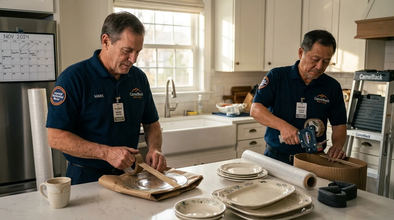Professional crew packing kitchen dishware in Lead, SD